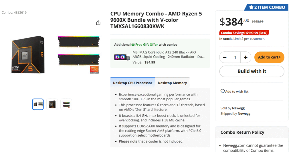 [Newegg] 9600X + DDR5 32GB 6000 MHz CL30 + tản nhiệt chất lỏng MSI 240