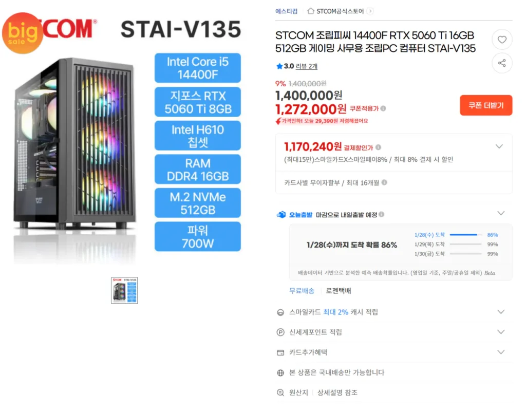 Thân máy tiết kiệm chi phí 14400F RTX5060Ti 8gb