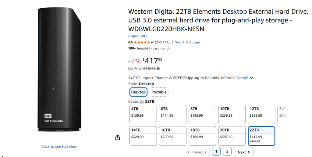 [Amazon] Western Digital 22TB USB 3.0 WDBWLG0220HBK-NESN