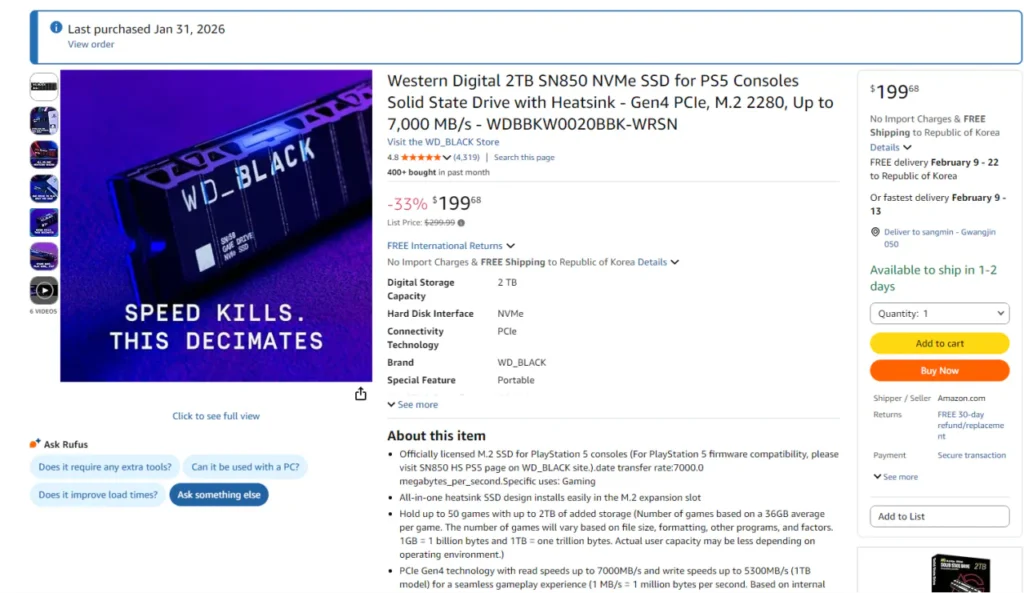 SSD Western Digital 2TB SN850 NVMe