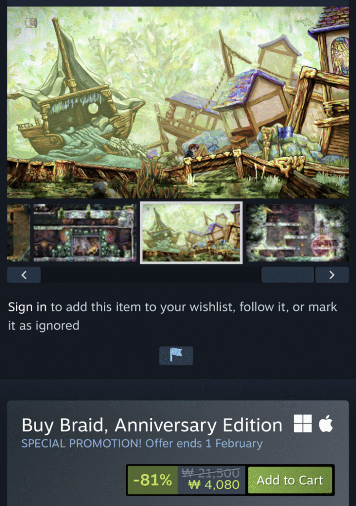 [Steam] Phiên bản kỷ niệm Braid (4.080 KRW/miễn phí)