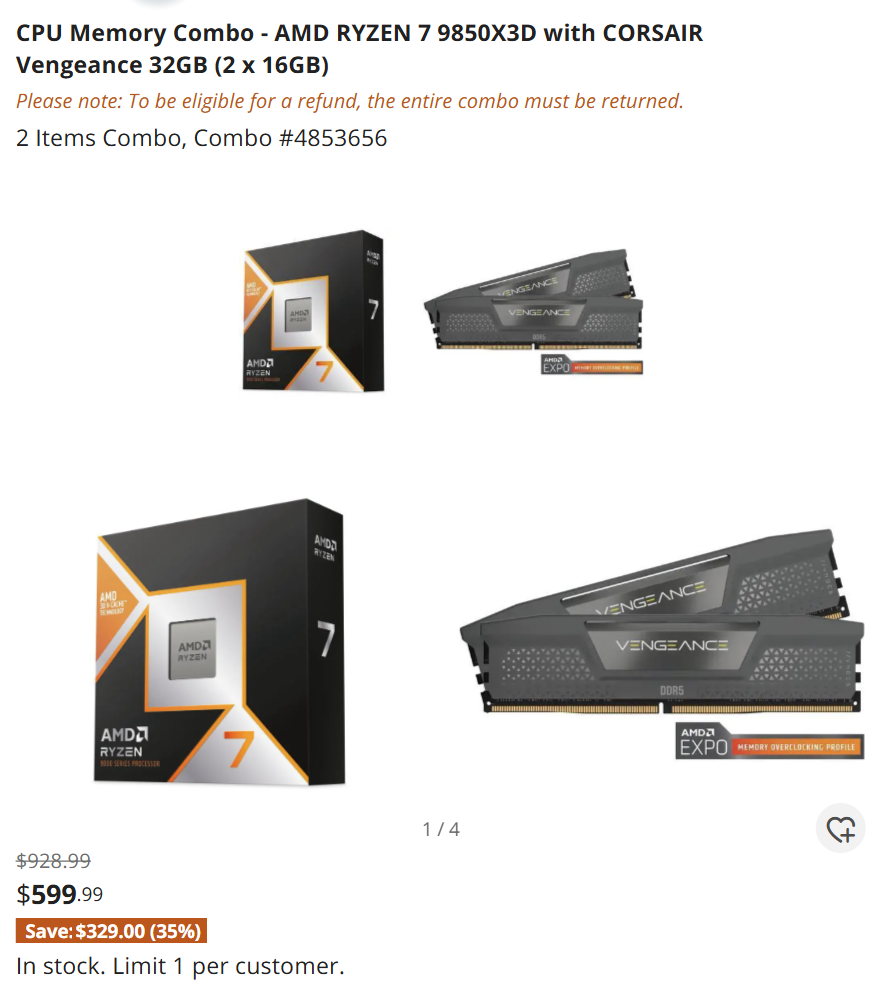 [Newegg] Combo 9850X3D + CORSAIR Vengeance 32GB