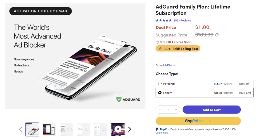 Gói chặn quảng cáo trọn đời của AdGuard (Gia đình) 