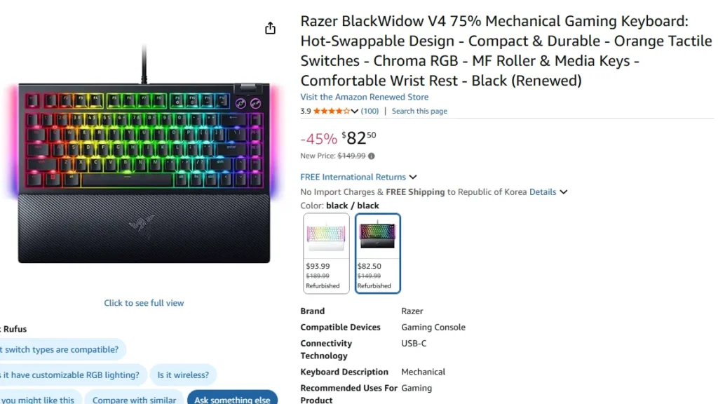 Có sẵn giao hàng trực tiếp) Bàn phím chơi game cơ học mảng 75% Razer Black Widow v4 được tân trang lại