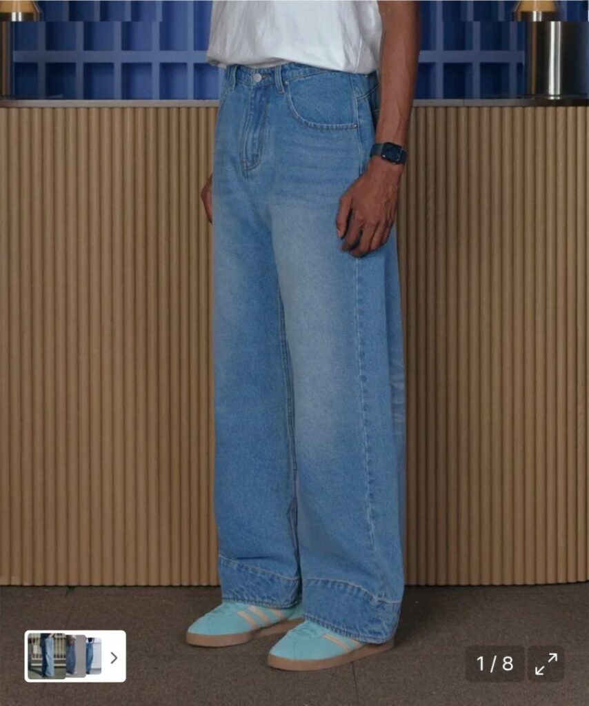 Quần Denim ống rộng giặt cong muối bùn