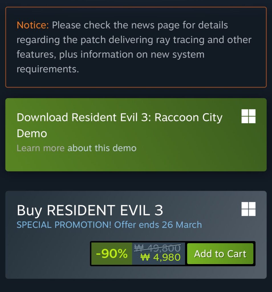 [Steam] BIOHAZARD RE:3 (4.980 KRW/Miễn phí)