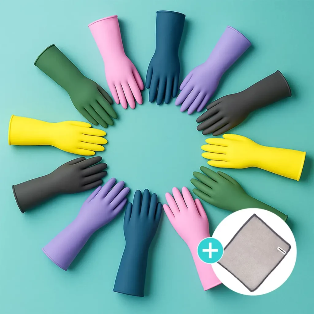 6 găng tay cao su latex sản xuất trong nước nhiều màu sắc dùng trong thực phẩm (trộn 2 màu) + Tặng cọ chà sàn 3D, kèm 1 lựa chọn