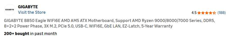 [Amazon] Bo mạch chủ GIGABYTE B850 Eagle WIFI6E AM5 ATX (mua trực tiếp)