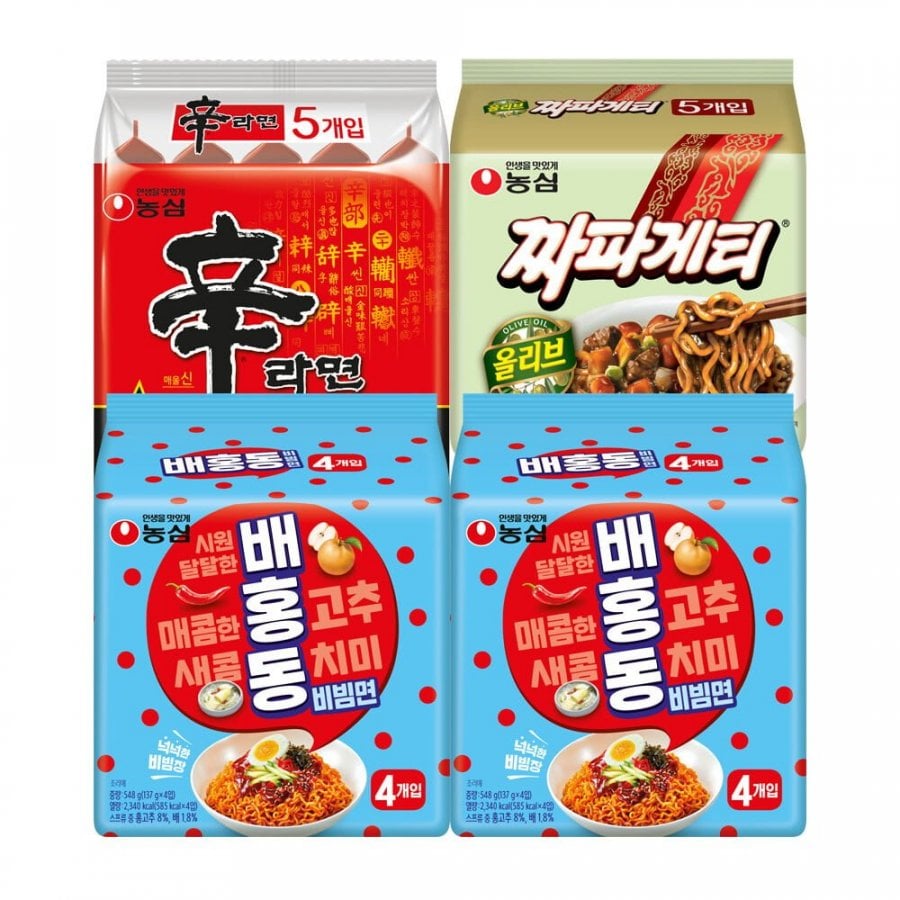 Baehongdong 8 miếng + Shin Ramyun 5 miếng + Chapagetti 5 miếng (tổng cộng 18 gói)