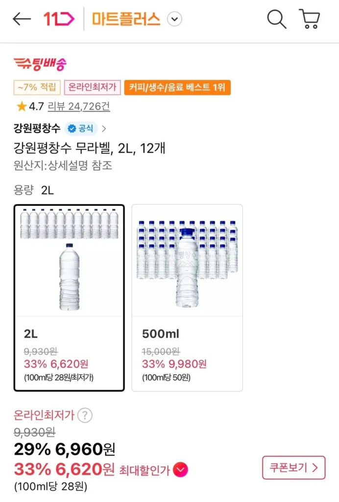 Gangwon Pyeongchangsu không nhãn 2L 12 gói
