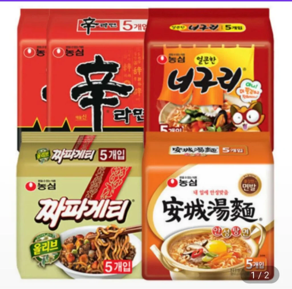 10 miếng Shin Ramyun + 5 miếng Anseongtangmyeon + 5 miếng Neoguri + 5 miếng Chapagetti (tổng cộng 25 túi)