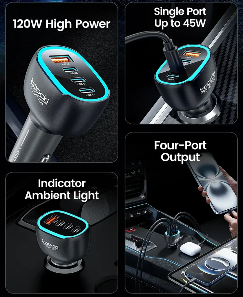 Sạc ô tô mini TOKI 120/90W Sạc nhanh 4 cổng