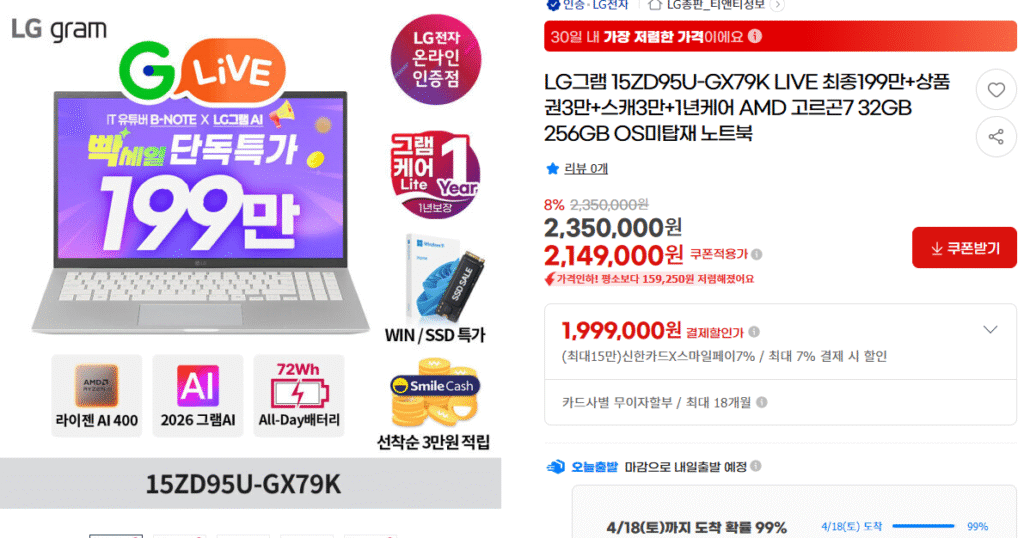 LG Electronics Gram 2026 AI 450 15ZD95U-GX79K RAM 32GB 