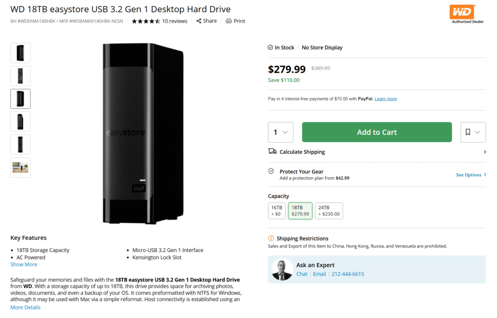 [Khác] Ổ cứng gắn ngoài WD 18TB easystore USB 3.2