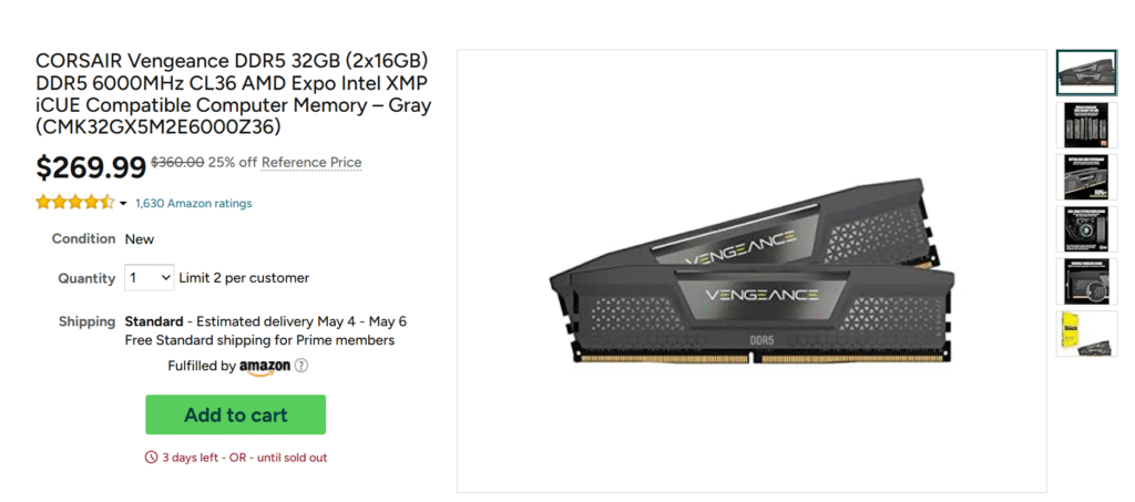 [Loại khác] CORSAIR Vengeance DDR5 32GB (2x16GB) 6000 MHz CL36