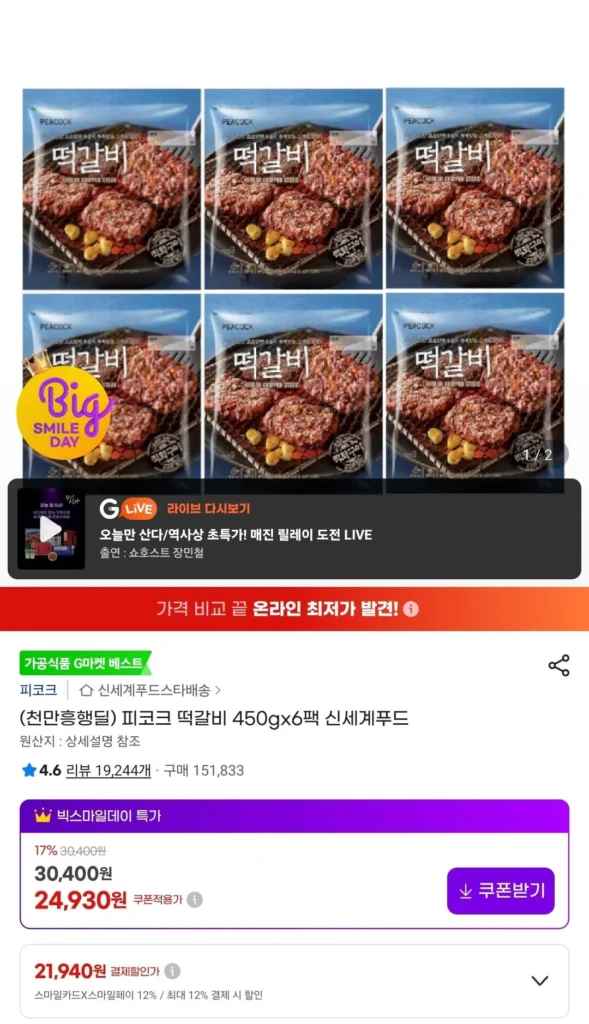 Shinsegae Food Peacock Tteokgalbi 450g 6 gói