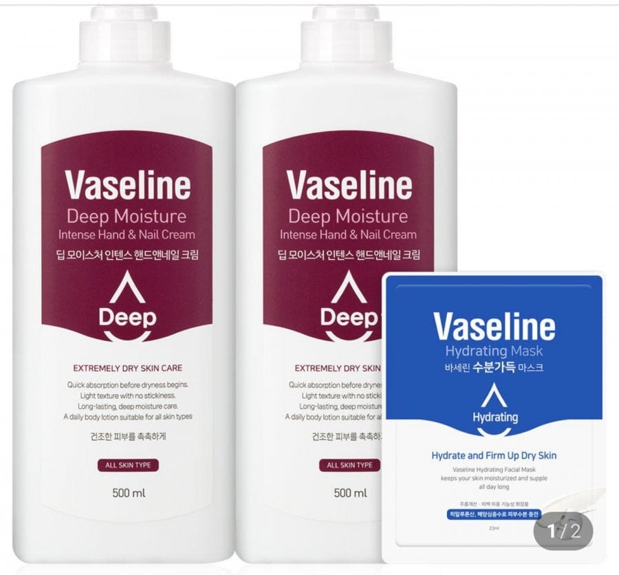 2 kem dưỡng da tay Vaseline lớn 500ml + 1 gói mặt nạ