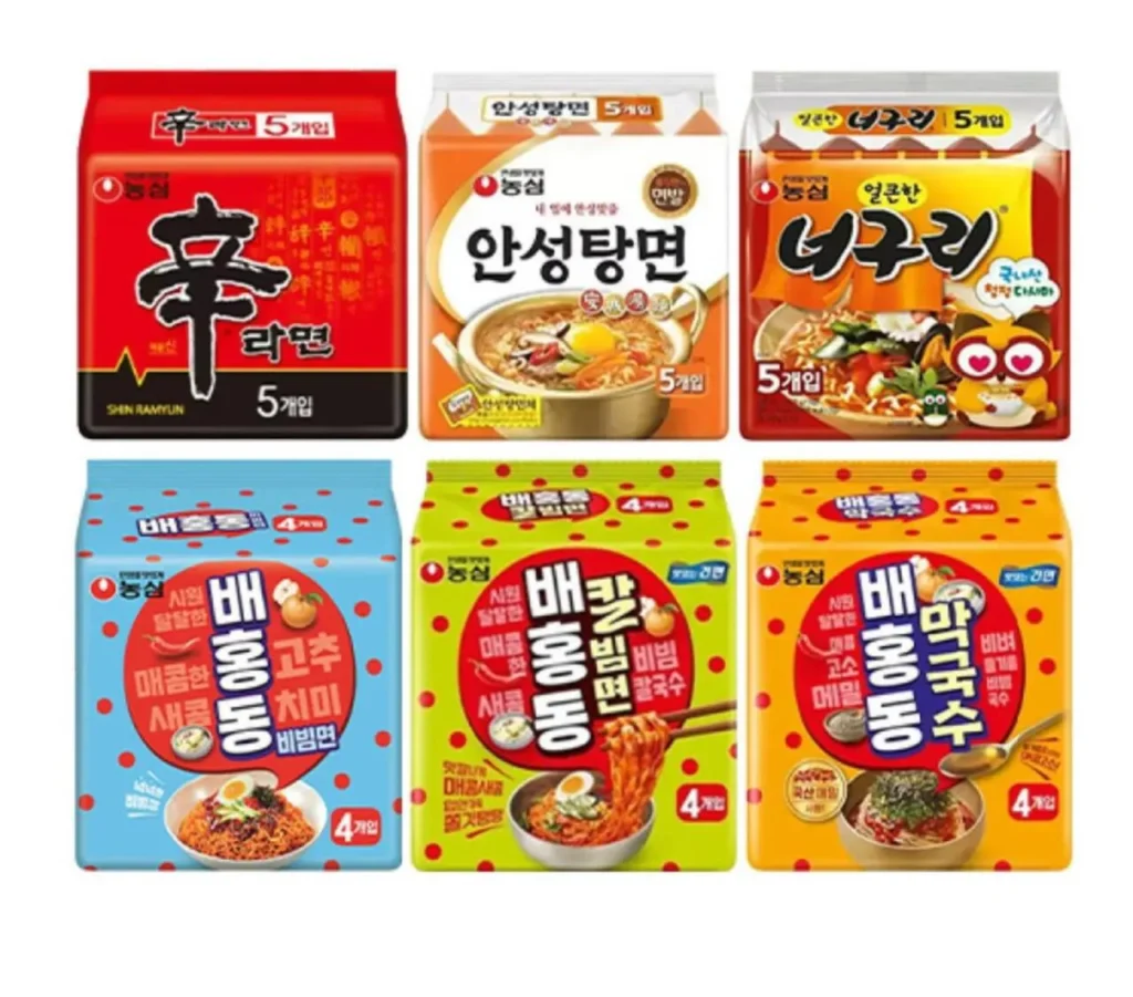 5 miếng Shin Ramyun + 5 miếng Anseongtangmyeon + 5 miếng Hannaguri cay + 4 miếng Baehongdong Bibim Myeon + 4 miếng Kalbim Myeon + 4 miếng Makguksu (Timem + Kakao Pay)
