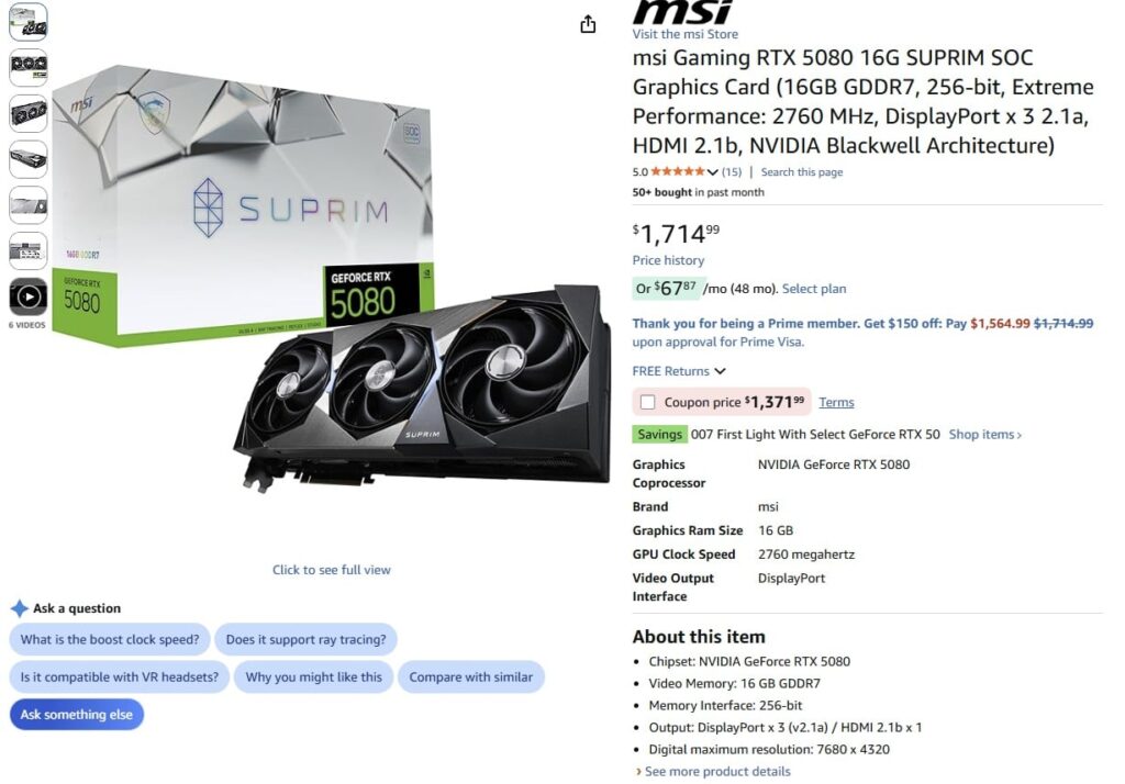 [Amazon] msi Gaming RTX 5080 16G SUPRIM SOC