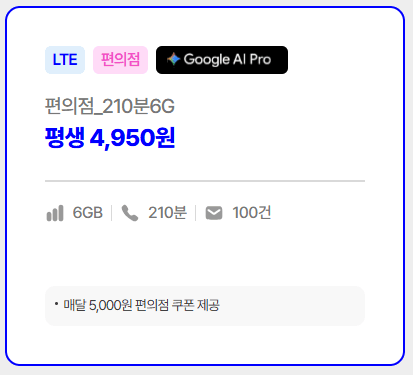 [Trọn đời] Cửa hàng tiện lợi 6GB 210 phút/tháng 5.000 won Cung cấp phiếu giảm giá cửa hàng tiện lợi/Mạng LG LTE