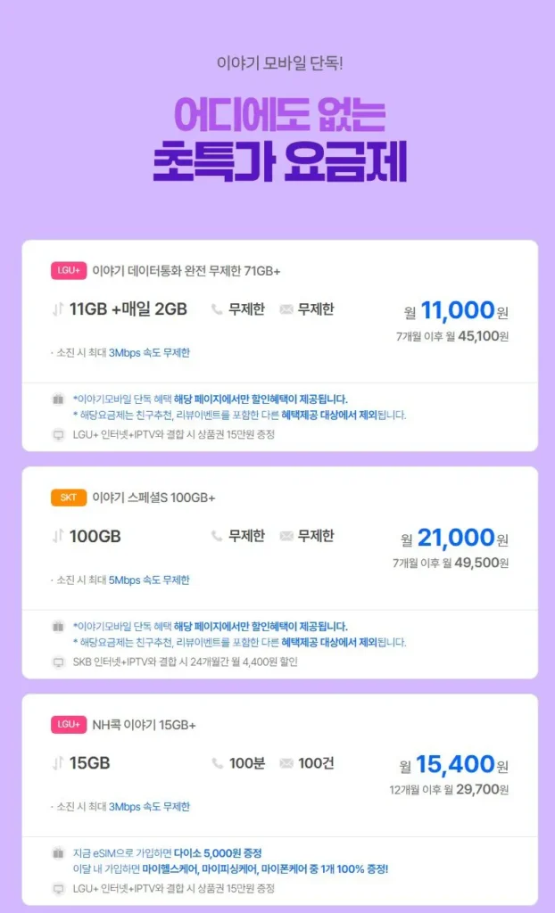 Điện thoại Story budget 71GB 11.000 won (giảm giá 7 tháng)