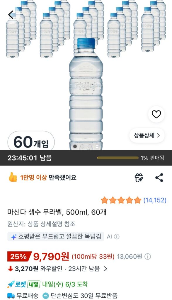 Uống nước đóng chai không nhãn, 500ml, 60 đơn vị