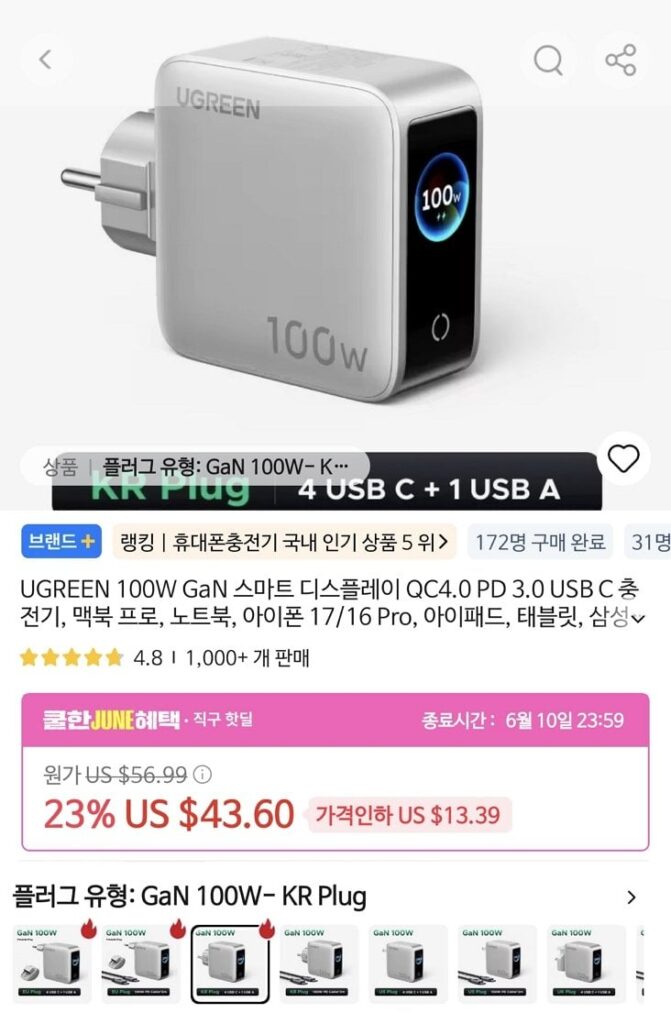 Bộ sạc nối đất GaN UGREEN PD 100W (loại mới)