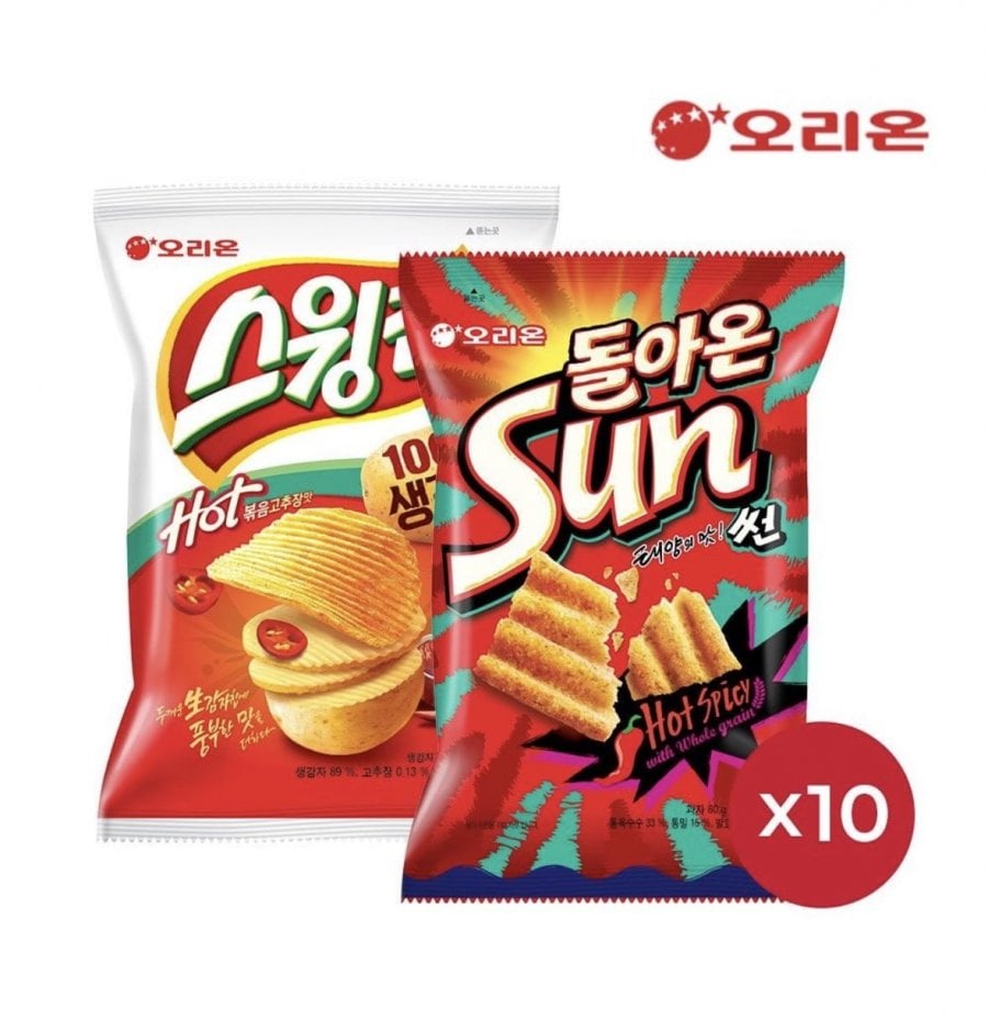 Orion Swing Chip Xào Ớt Đỏ (60g) 10 chiếc + Vị cay Sun Hot (80g) 10 chiếc