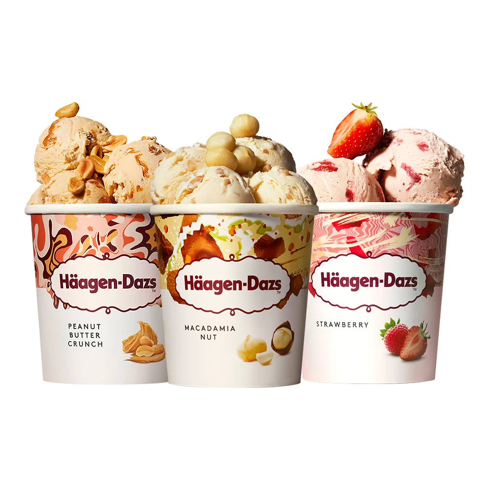 Häagen-Dazs pint, 1 bơ đậu phộng giòn 473ml + 1 hạt mắc ca 473ml + 1 dâu tây 473ml, 1 bộ