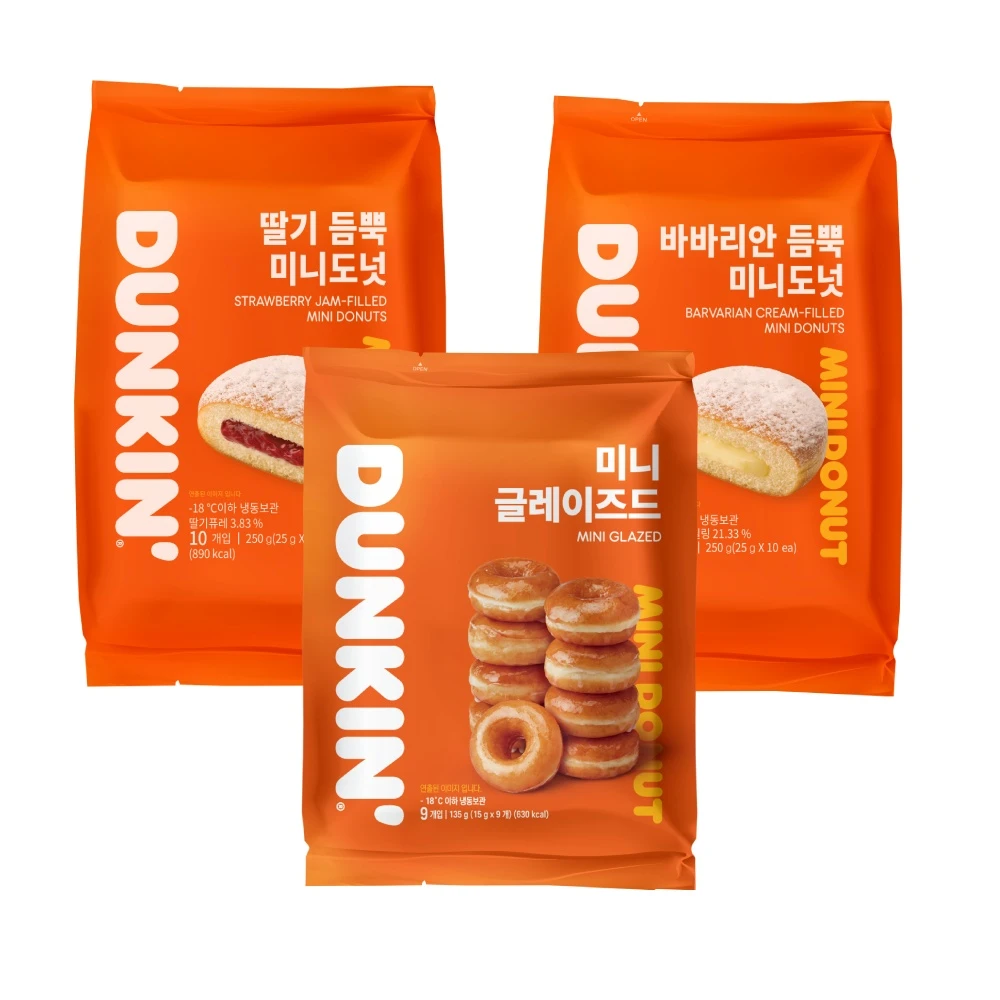 Dunkin’ Mini Donuts, Strawberry Plenty 250g 1 gói + Bavarian 250g 1 gói + Glazed 135g 1 gói, 3 gói