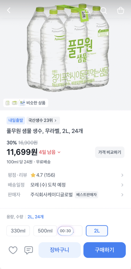 Nước suối Pulmuone không nhãn 2L, 24 chiếc 