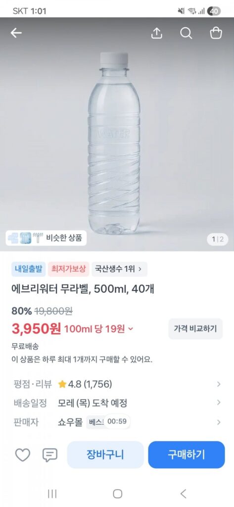 Nước đóng chai Everywater không nhãn 500ml 40 chiếc