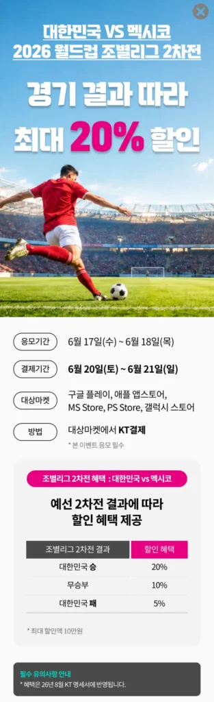 Nếu thắng Mexico ở vòng bảng World Cup, bạn sẽ được giảm 20% khi thanh toán KT (Google/Apple/Maso/PS/Galaxy) (0 won/miễn phí)