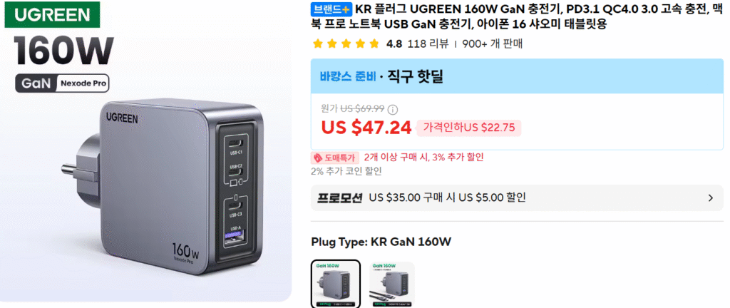 [Ali] Ổ cắm KR (Nối đất) Bộ sạc GaN UGREEN 160W