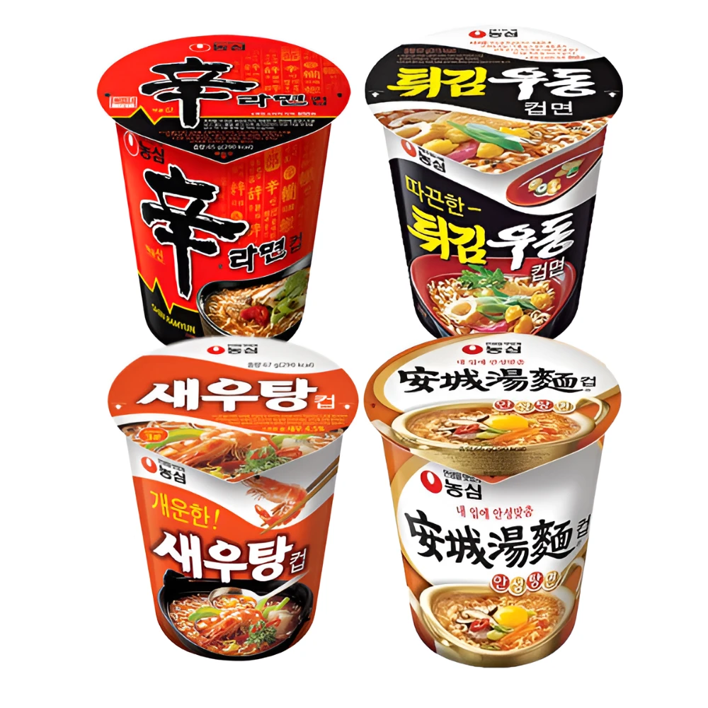 Cốc Nongshim Shin Ramyun, 65g, 6 miếng + Cốc Ramen Anseongtang, 66g, 6 miếng + Udon chiên, 62g, 6 miếng + Cốc súp tôm, 67g, 6 miếng