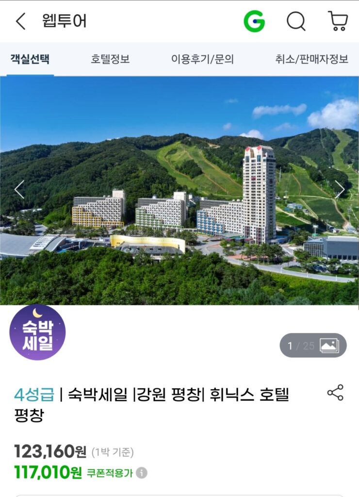 Khách sạn Gangwon Pyeongchang Phoenix 1 đêm, bao gồm hoạt động dành cho 2 người (Thẻ Smile/Thẻ Samsung)