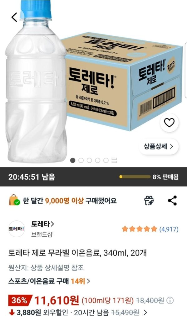 Nước giải khát ion không nhãn Toretta Zero 340ml 20 chiếc