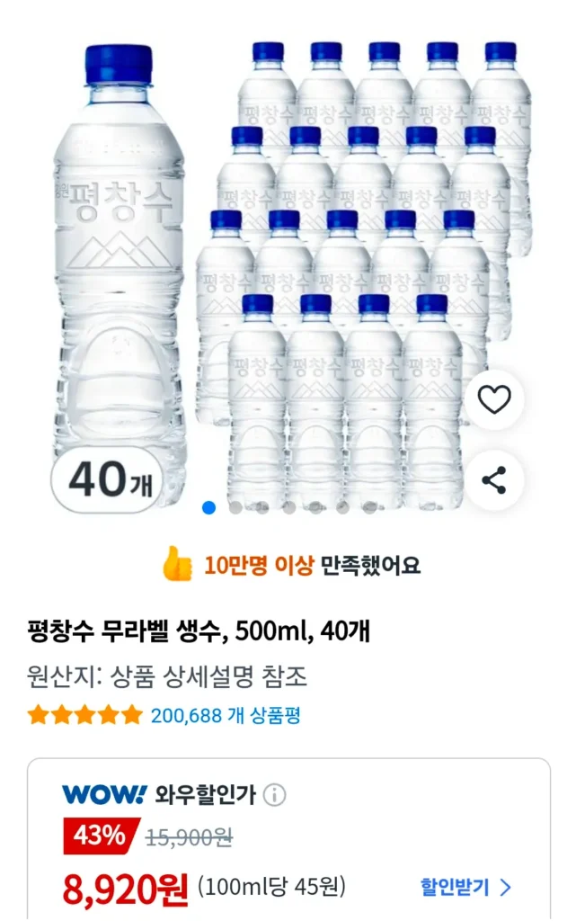 Nước đóng chai không nhãn Pyeongchangsu, 500ml, 40 chiếc