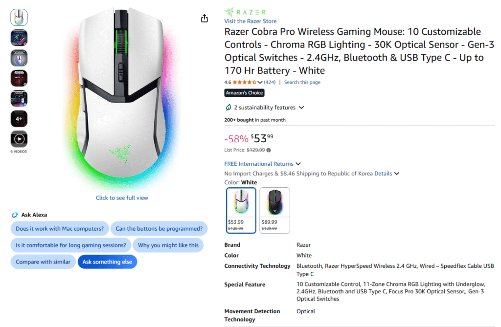 [Amazon] Chuột chơi game không dây Razer Cobra Pro (mua trực tiếp từ Amazon)
