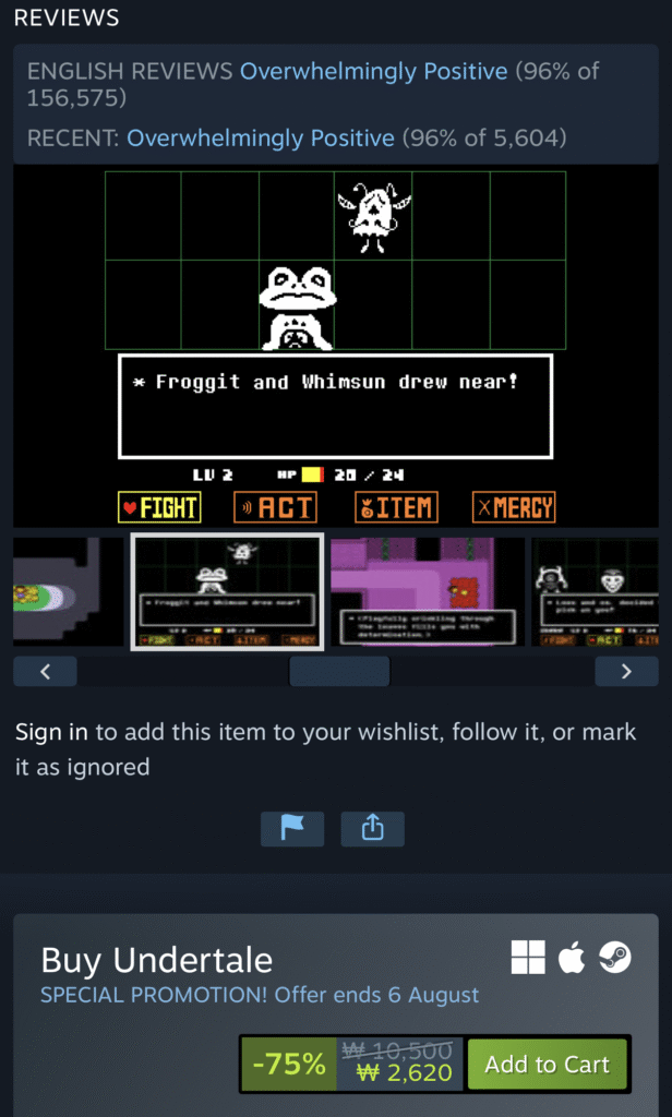 [Steam] Tuyệt tác Indie Undertale (2.620 KRW)