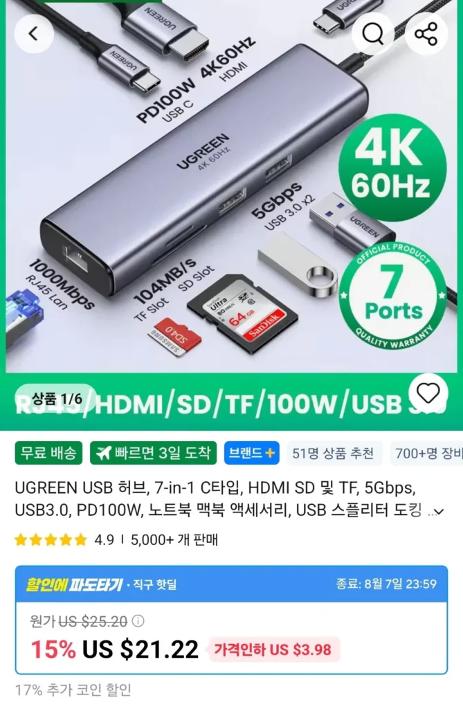 Hub USB UGREEN, loại C 7 trong 1