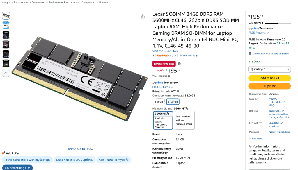 [Amazon] Lexar SODIMM 24GB DDR5 RAM 5600 MHz CL46