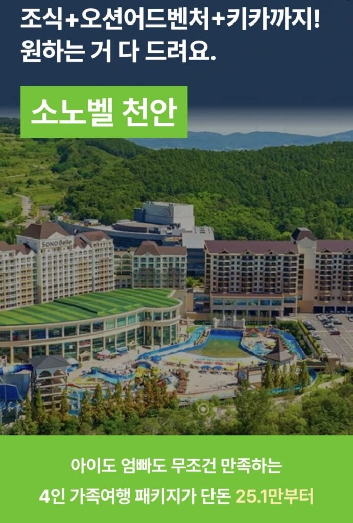 Sono Belle Cheonan 1 đêm + Bữa sáng cho 4 người + Phiêu lưu trên biển cho 4 người + Câu lạc bộ trẻ em cho 4 người